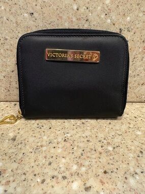 Victoria's Secret Black Nylon Small Zip Around Wallet with Gold Heart Charm Pull